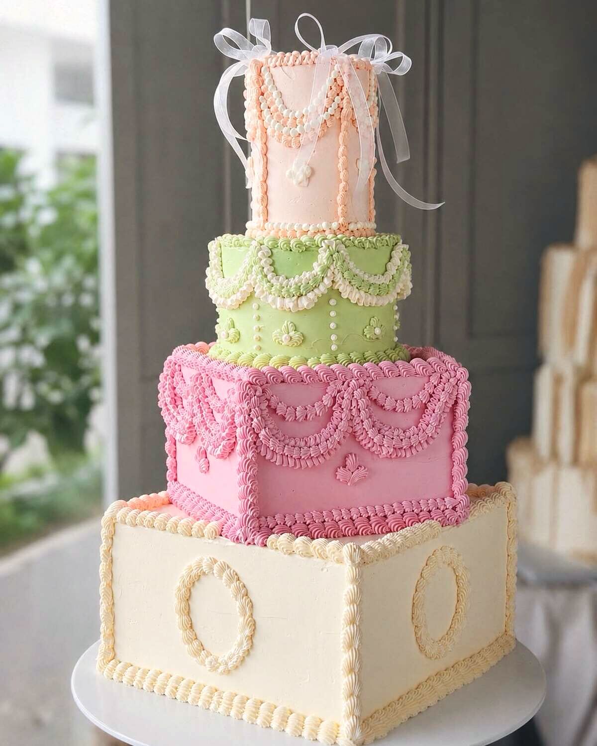 Tort Vintage Pastel pe trei etaje, în roz, verde fistic și piersică, cu ghirlande de cremă și funde de satin